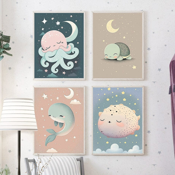 Kinderzimmer Poster Meeres Tiere – Baumwoll-Canvas