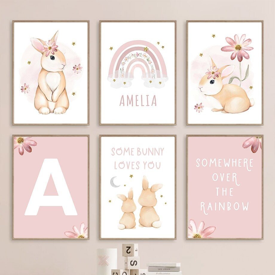 Poster Kinderzimmer Regenbogen Hase Name Personalisiert Rosa I Kinderzimmer Bilder I Wand Deko I Kunst Druck I Deko Print I ohne Rahmen - justgoodmood