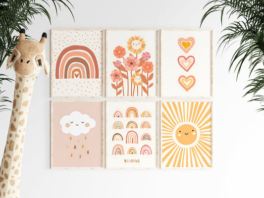 Poster Kinderzimmer Sonnenstrahlen Regenbogen Herzen Blumen I Kinderzimmer Bilder I Wand Deko I Kunst Druck I Deko Print ohne Rahmen - justgoodmood