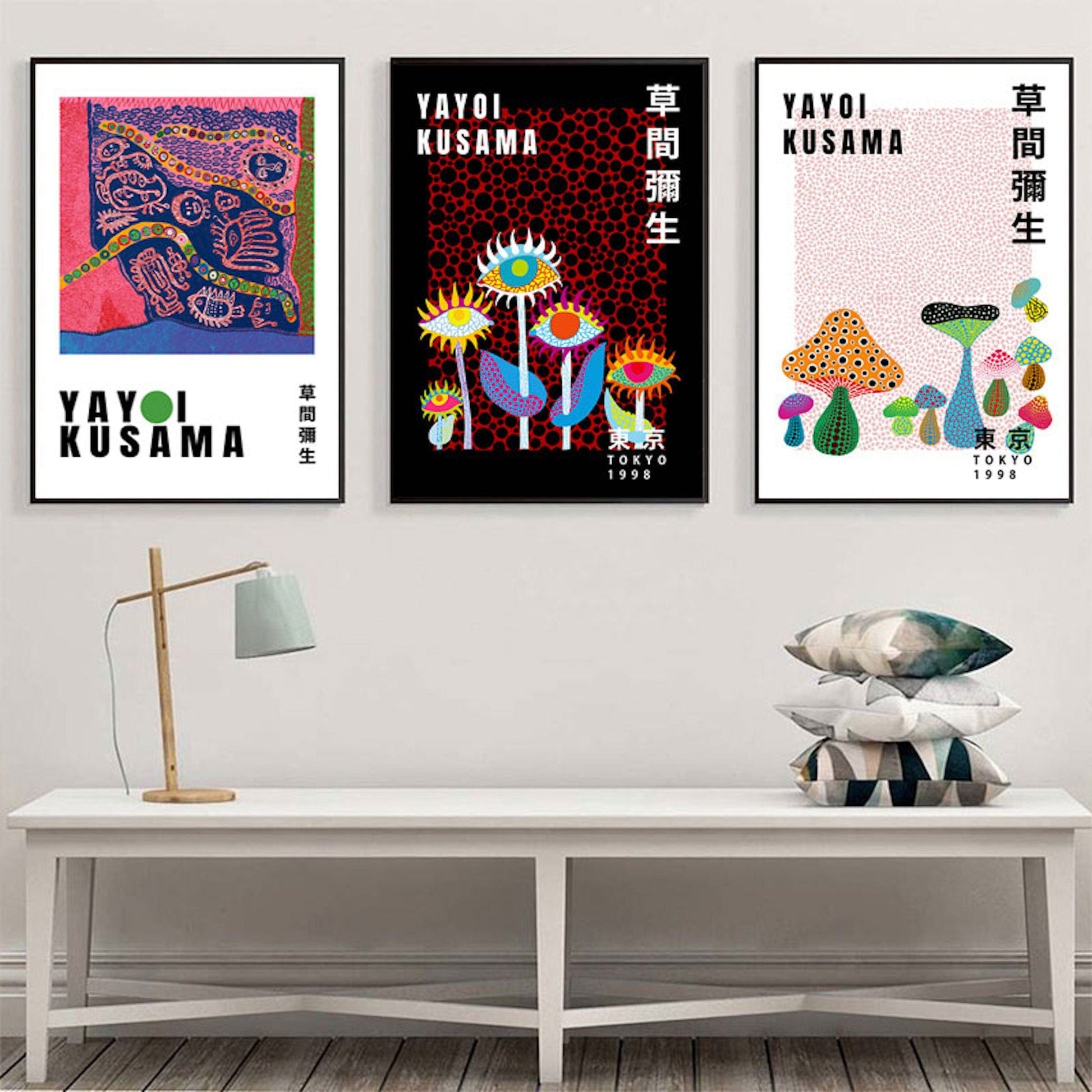 Poster Kusama Kunst Ausstellung Augen Pilz | Bilder Wohnzimmer | Wandbilder Schlafzimmer | Deko Print ohne Rahmen | Bilder Set Kunstdruck - justgoodmood