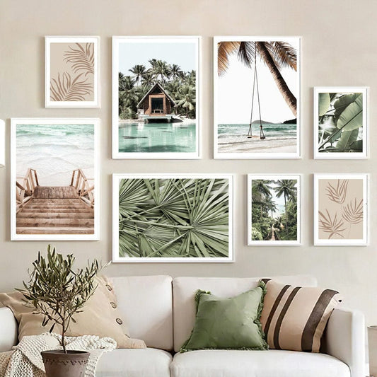 Poster Meer Blätter Überwasser Bungalow Strandschaukel I Wandbilder Wohnzimmer & Schlafzimmer I Deko Print Bilder I ohne Rahmen - justgoodmood