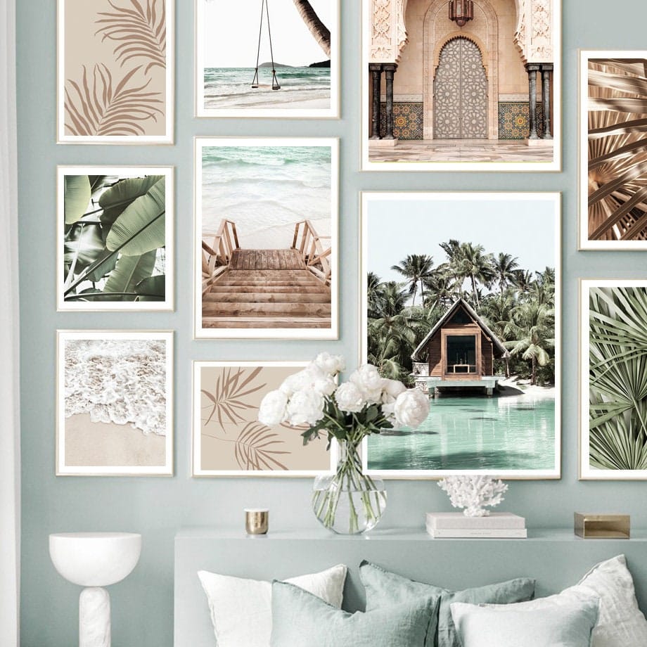 Poster Meer Blätter Überwasser Bungalow Strandschaukel I Wandbilder Wohnzimmer & Schlafzimmer I Deko Print Bilder I ohne Rahmen - justgoodmood