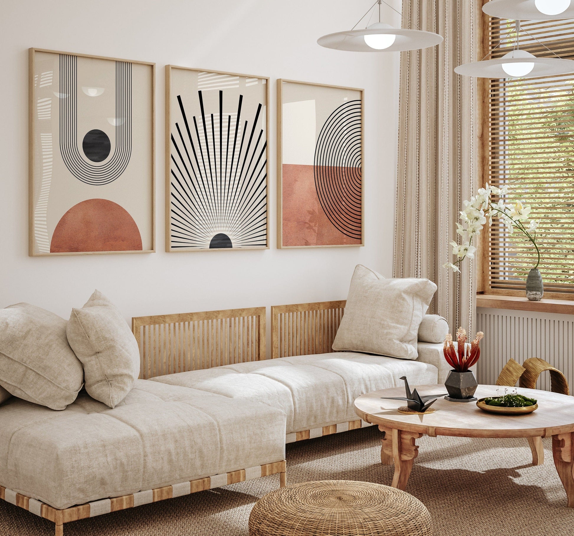 Poster Mid Century Moderne Wandkunst Dekoration I Boho Stil I Orange I Schwarze Sonnenstrahlen I Kunstdruck I Deko Print ohne Rahmen - justgoodmood