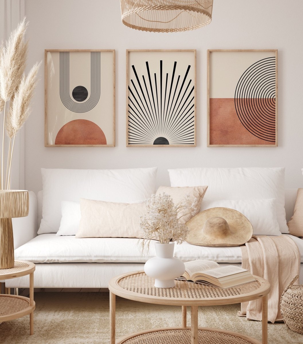 Poster Mid Century Moderne Wandkunst Dekoration I Boho Stil I Orange I Schwarze Sonnenstrahlen I Kunstdruck I Deko Print ohne Rahmen - justgoodmood