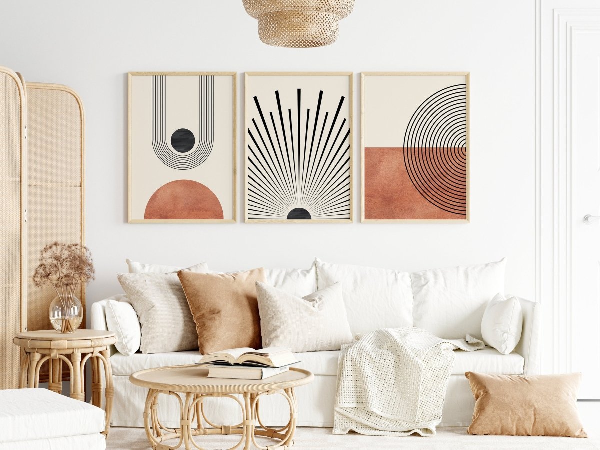 Poster Mid Century Moderne Wandkunst Dekoration I Boho Stil I Orange I Schwarze Sonnenstrahlen I Kunstdruck I Deko Print ohne Rahmen - justgoodmood