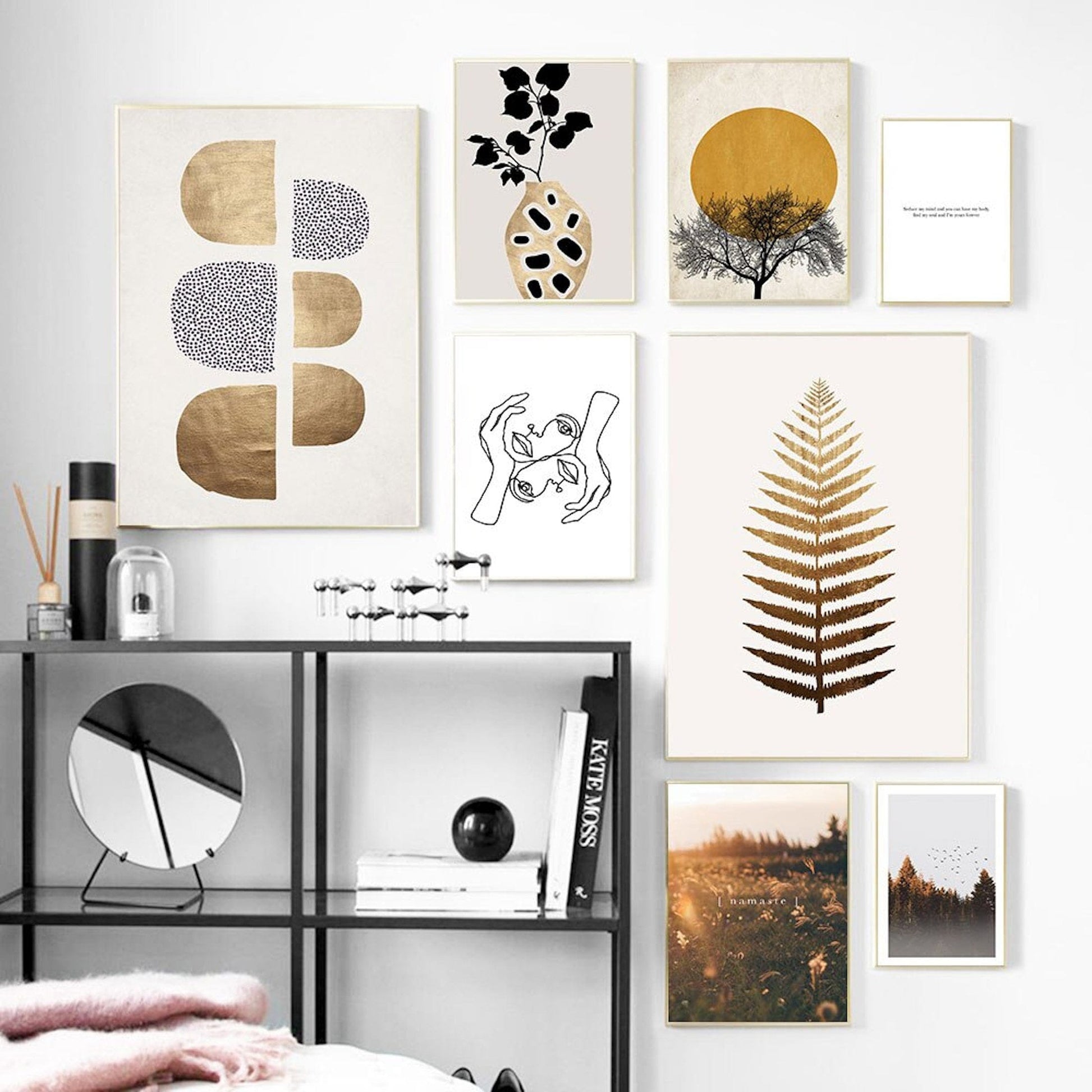 Poster Namaste Goldige Halbkreise und Linien Art Gesicht als Deko Print ohne Rahmen - justgoodmood