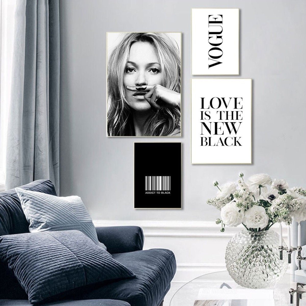 Poster Schwarz Weiß Kate Moss Vogue I Vintage I Wohnkultur| Wohnzimmer | Wandbilder Schlafzimmer | Deko Print ohne Rahmen | Bilder Set - justgoodmood
