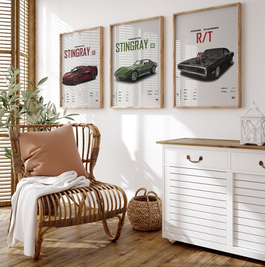 Poster Sportwagen CORVETTE Stingray C8 C3 DODGE CHARGER RTSportauto I Geschenk für ihn I Wohnzimmmer & Büro I Wand Deko I Print ohne Rahmen - justgoodmood