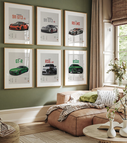 Poster Sportwagen PORSCHE 911 AUDI Rs MERCEDES Amg Gtr Super Sport Auto I Geschenk für ihn I Wohnzimmmer Büro I Wand Deko PrintIohne Rahmen - justgoodmood