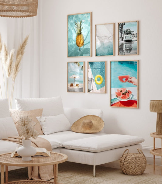 Poster Urlaub Ananas Pool Strand Surfbrett Buggy Wassermelone I Bilder Wohnzimmer & Schlafzimmer I Wand Deko I Kunst Druck ohne Rahmen - justgoodmood