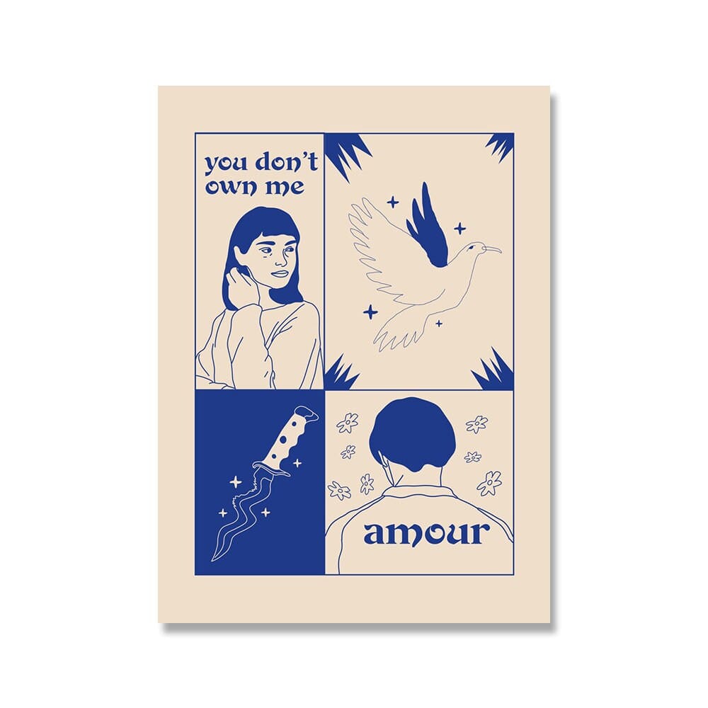 Poster Vintage Amour Wahrsagerin in Retro Stil Liebe macht Sie Blind in Blau als Deko Print ohne Rahmen - justgoodmood