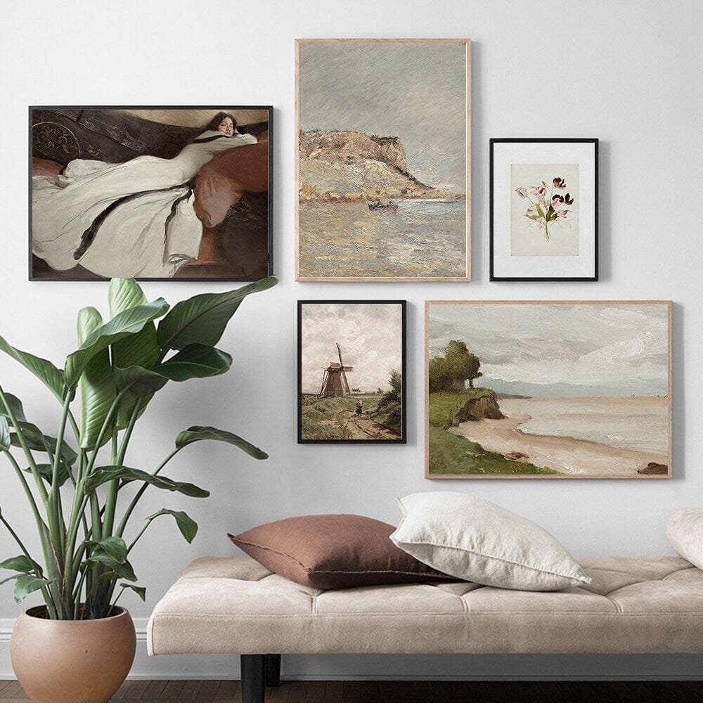 Poster Vintage Elegante Dame Meeres Küste und Windmühle als Deko Print ohne Rahmen - justgoodmood