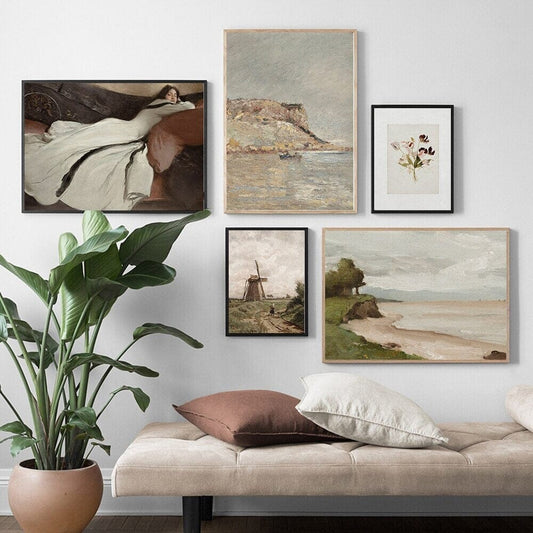 Poster Vintage Elegante Dame Meeres Küste und Windmühle als Deko Print ohne Rahmen - justgoodmood