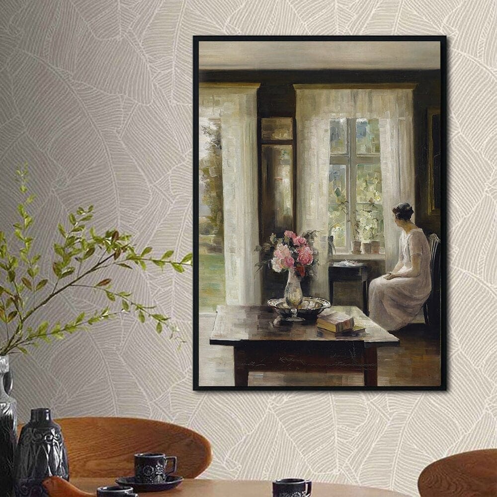Poster Vintage Frühling Landschaft Blick in den Garten Äpfel und Schmetterlinge als Deko Print ohne Rahmen - justgoodmood