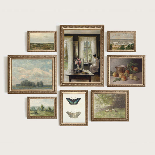 Poster Vintage Frühling Landschaft Blick in den Garten Äpfel und Schmetterlinge als Deko Print ohne Rahmen - justgoodmood