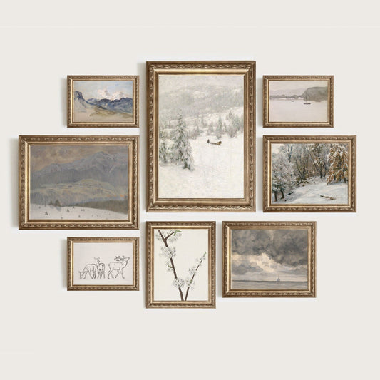 Poster Vintage Galerie Wand Kunst Set Landschaft Schnee Berge und Wälder Natur als Deko Print ohne Rahmen - justgoodmood