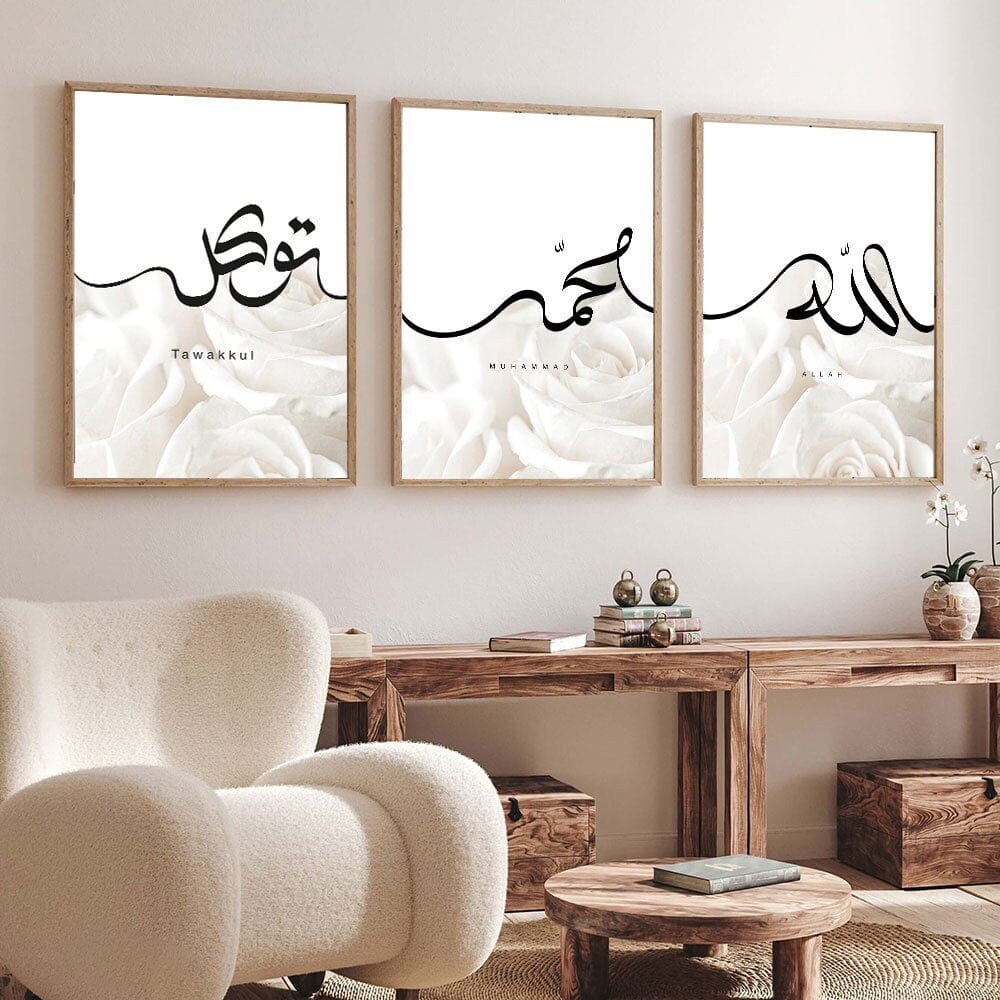 Poster weiße Rosen Islamische Kalligraphie I Wandbilder Wohnzimmer & Schlafzimmer I Deko Print Bilder I ohne Rahmen - justgoodmood