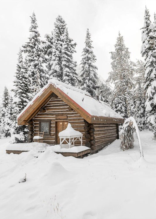 Poster Winter Holz Hütte im Schnee Rentier Tannenzapfen | Bilder Wohnzimmer | Wandbilder Schlafzimmer | Deko Print ohne Rahmen | Bilder Set - justgoodmood